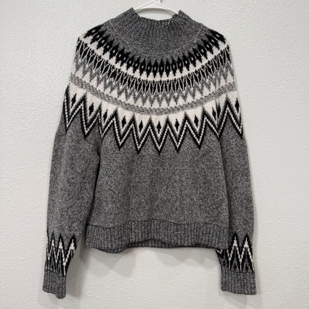 Old Navy Womens Fair Isle Mock‎ Neck Sweater Gray Black White M Tall 1166